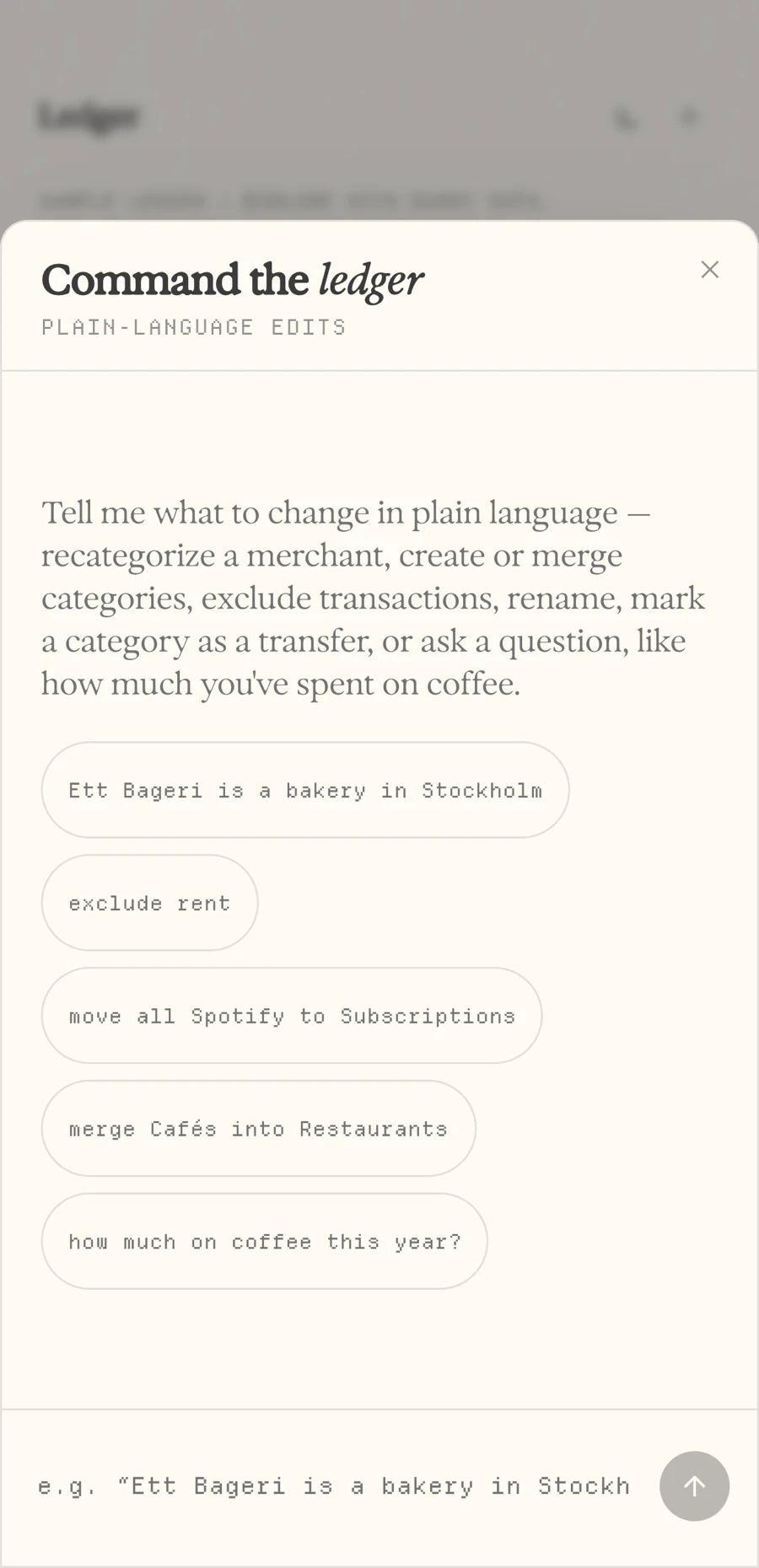 The command box: editing the ledger with a plain-language chat.