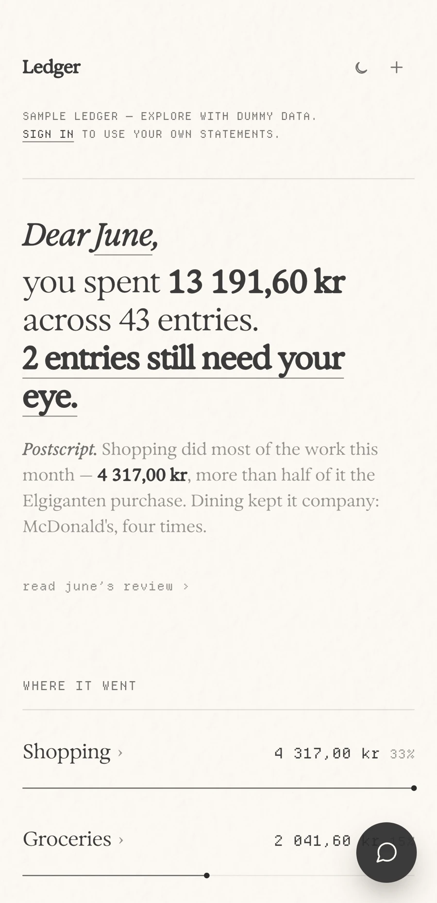 Ledger: a letter summarizing the month, then spending by category.