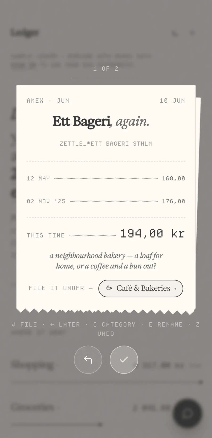 A triage card: a receipt asking which category a charge belongs to.